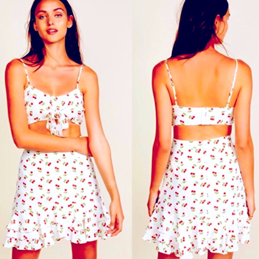 For Love & Lemons crop top Cherry print Bralette balletcore Cottagecore white